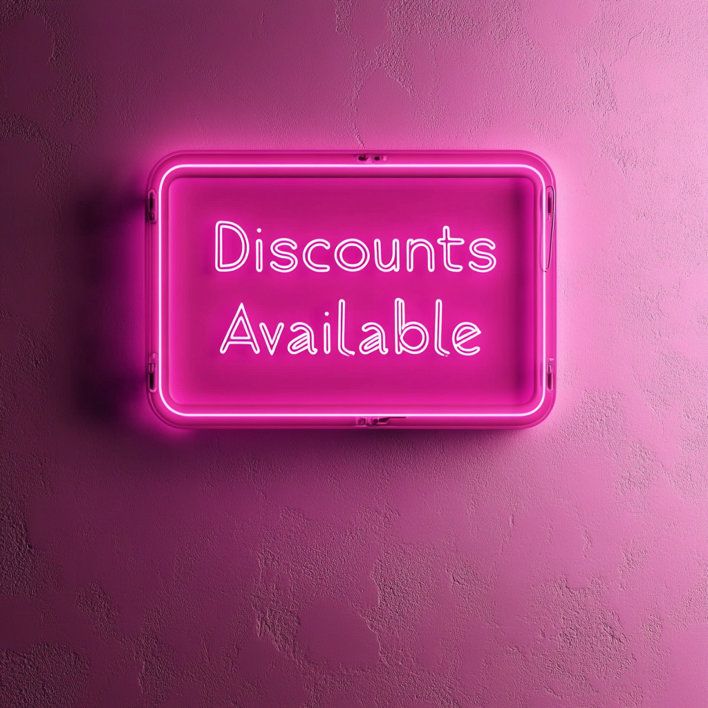 "Discounts Available" - Pink Neon Sign, 24 Inches