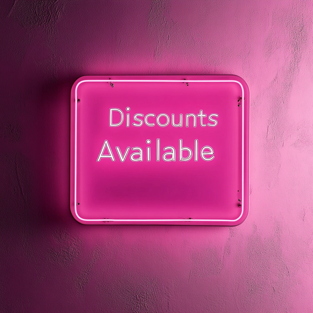 "Discounts Available" - Pink Neon Sign, 24 Inches