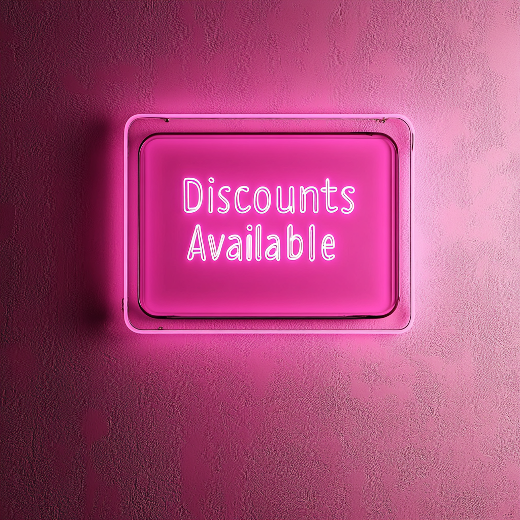 "Discounts Available" - Pink Neon Sign, 24 Inches