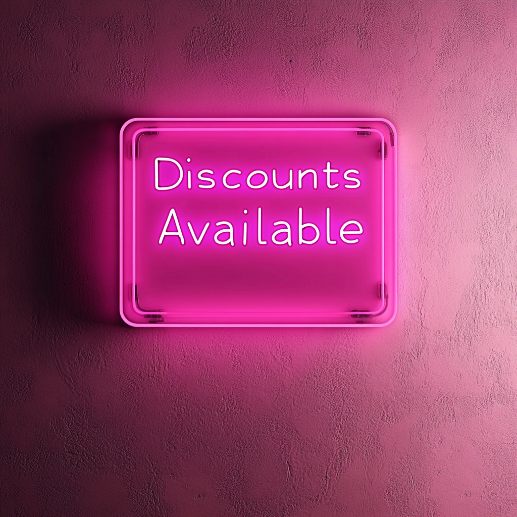 "Discounts Available" - Pink Neon Sign, 24 Inches