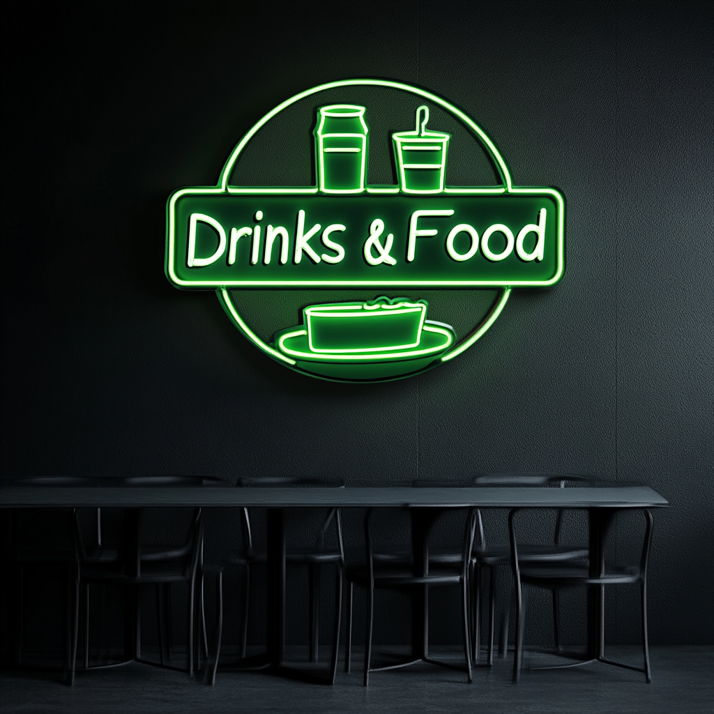 "Drinks & Food" - Green Neon Sign, 18 Inches