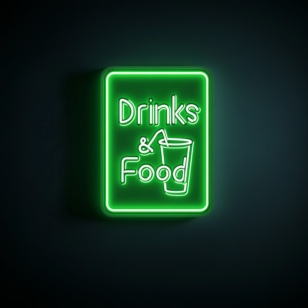 "Drinks & Food" - Green Neon Sign, 18 Inches