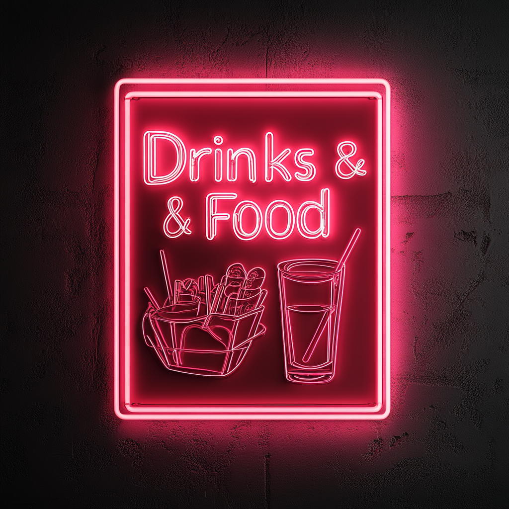 "Drinks & Food" - Pink Neon Sign, 18 Inches