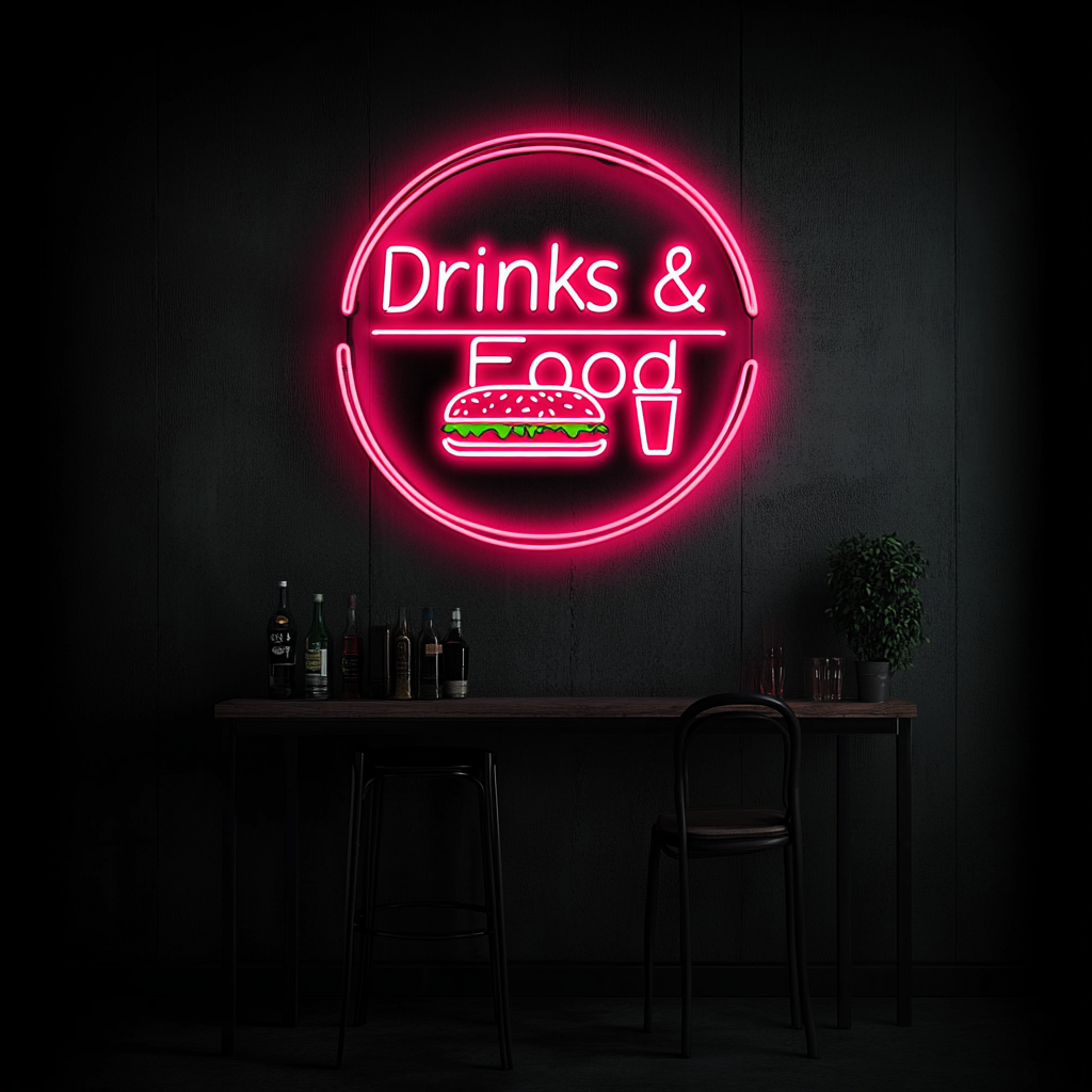 "Drinks & Food" - Pink Neon Sign, 18 Inches