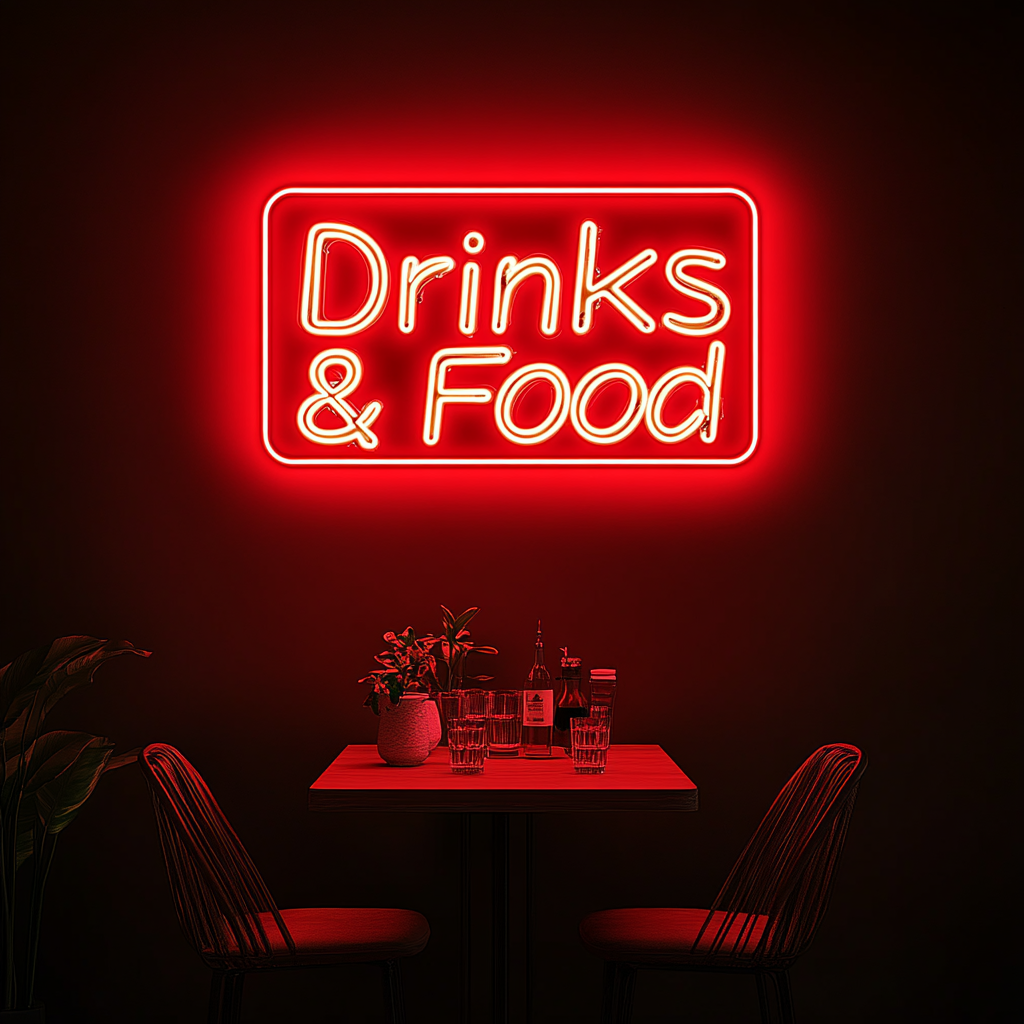 "Drinks & Food" - Red Neon Sign, 18 Inches