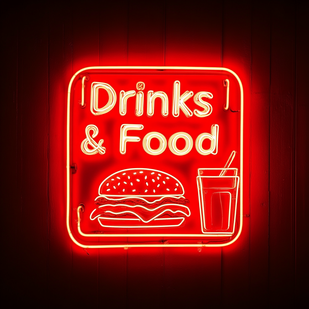 "Drinks & Food" - Red Neon Sign, 18 Inches