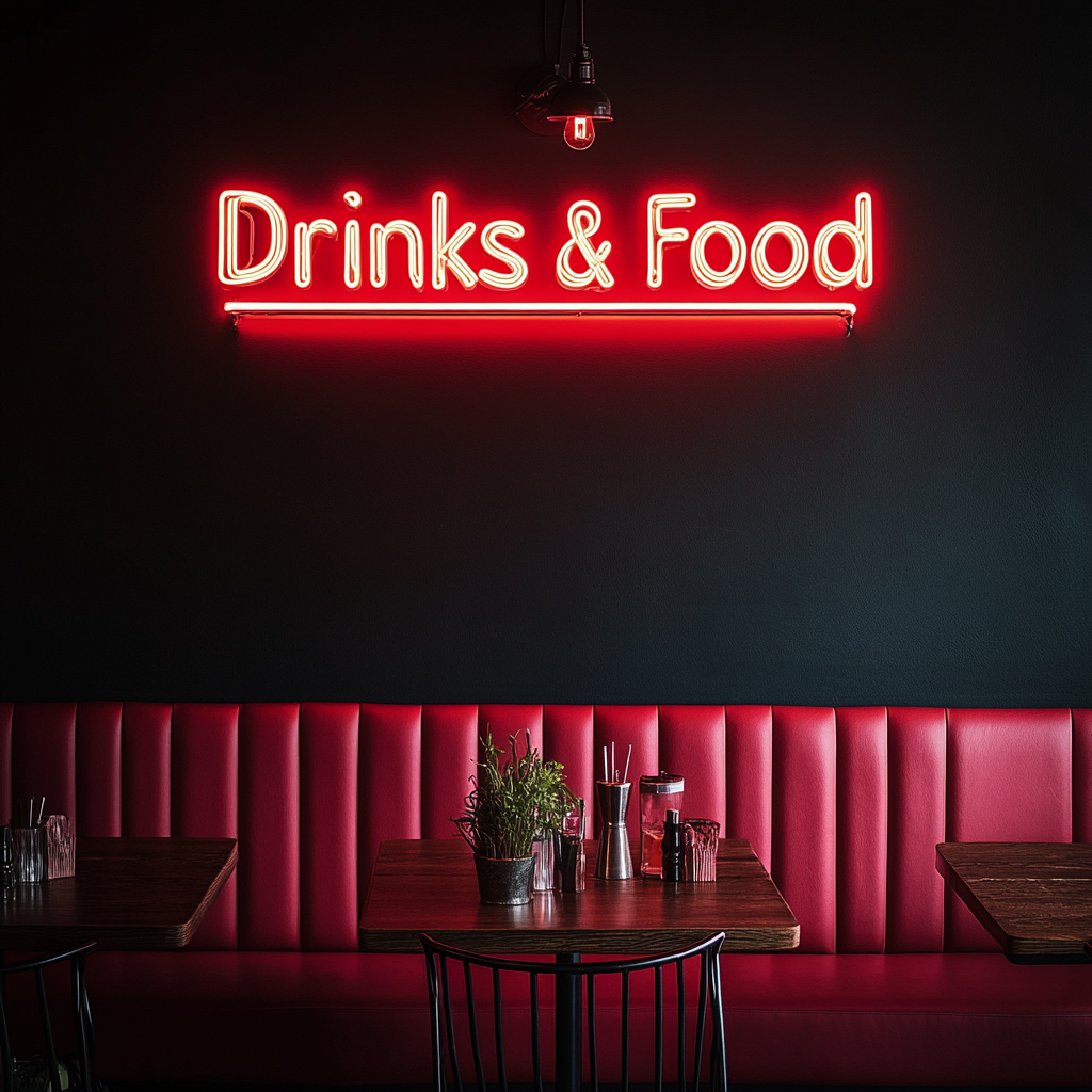 "Drinks & Food" - Red Neon Sign, 18 Inches
