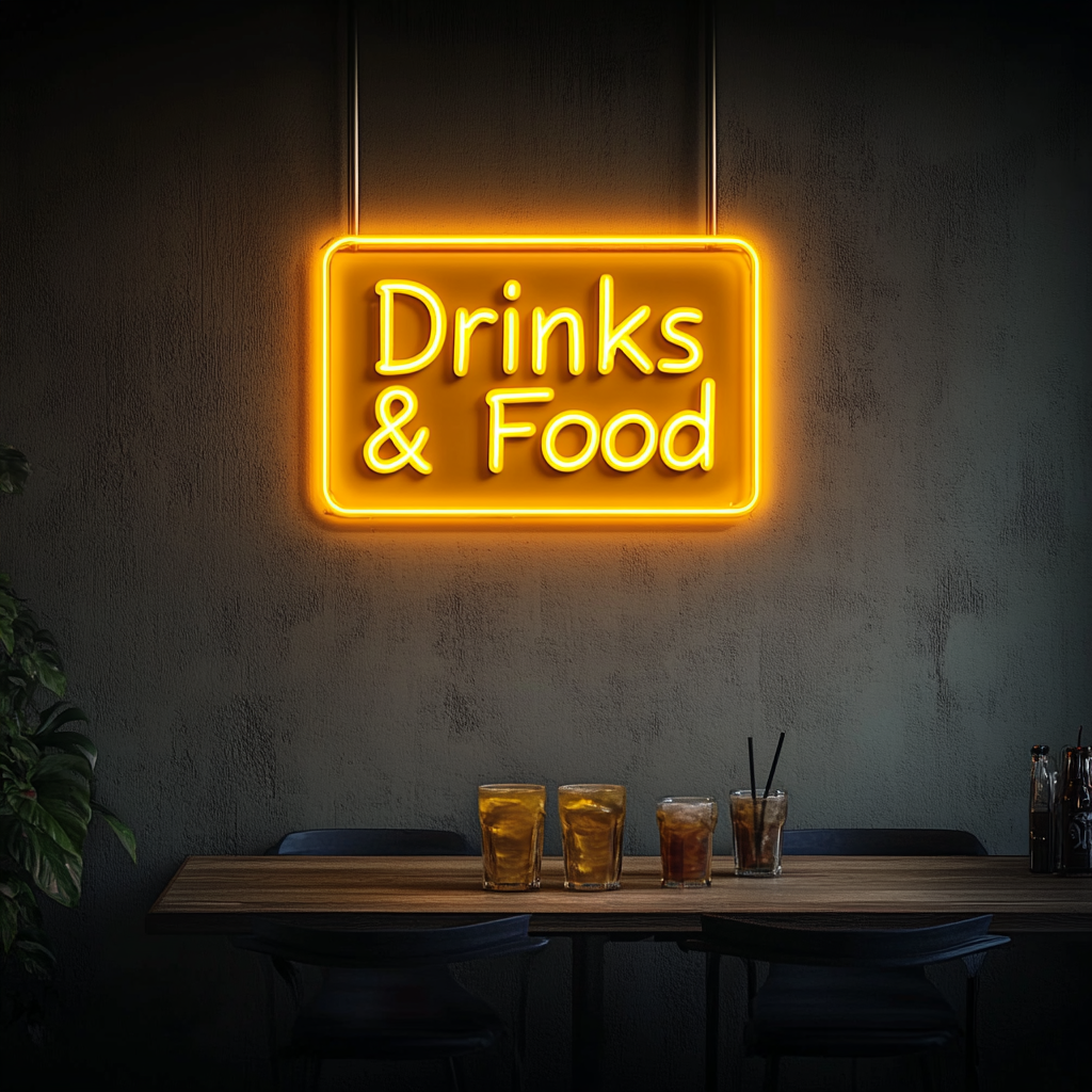 "Drinks & Food" - Yellow Neon Sign, 18 Inches