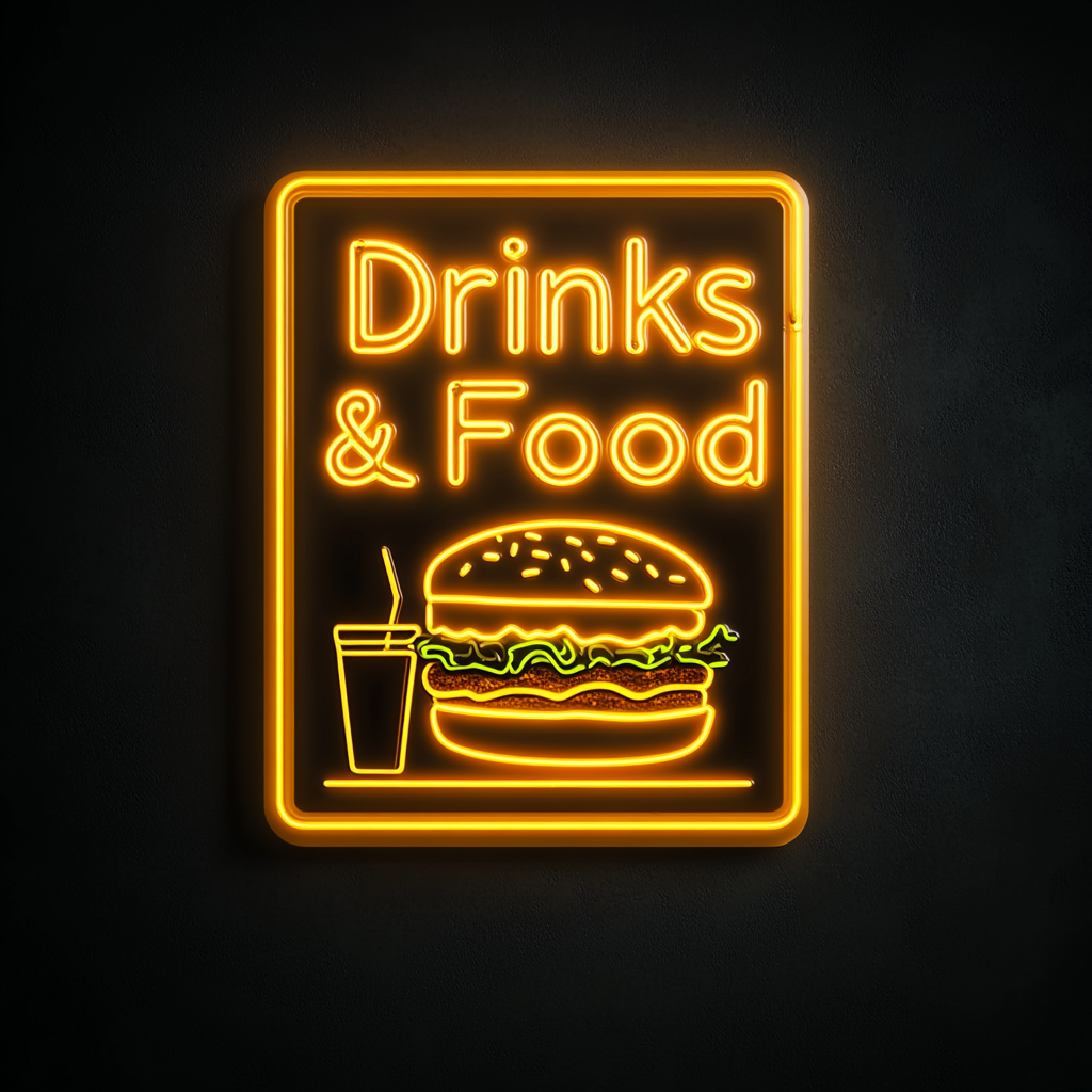 "Drinks & Food" - Yellow Neon Sign, 18 Inches