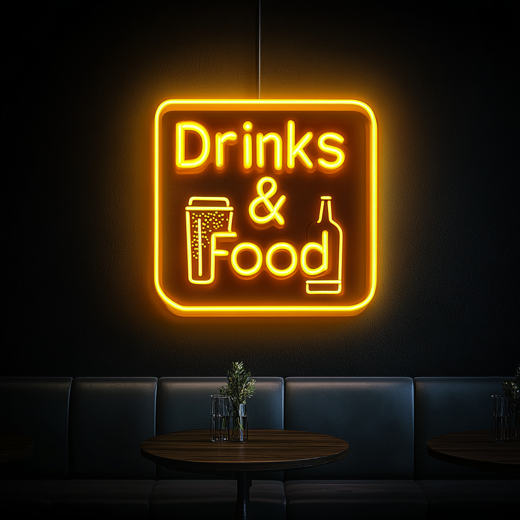 "Drinks & Food" - Yellow Neon Sign, 18 Inches