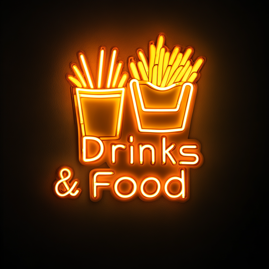 "Drinks & Food" - Yellow Neon Sign, 18 Inches