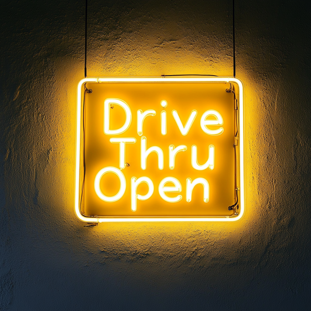 Drive Thru Open - Yellow Neon Sign, 18 Inches