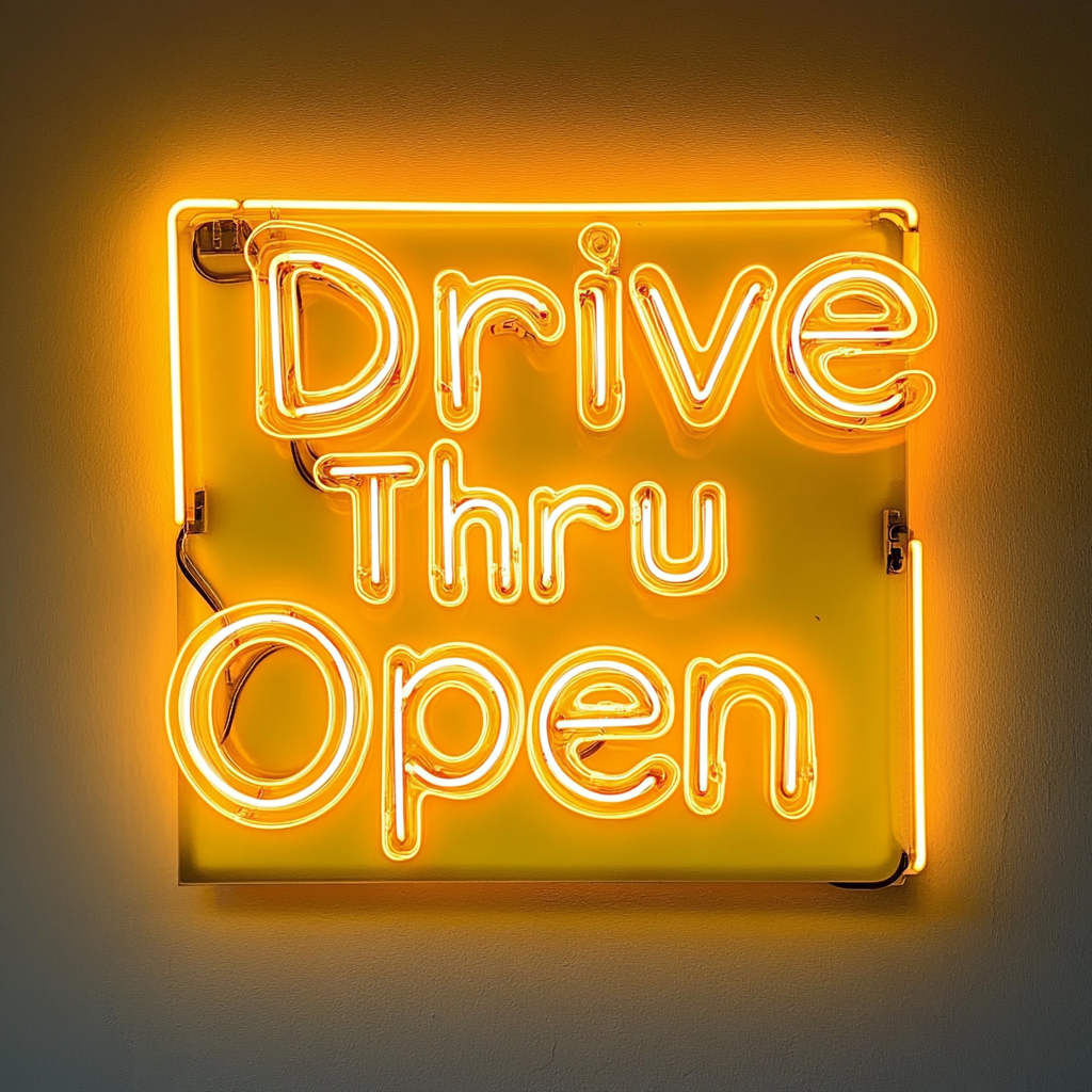 Drive Thru Open - Yellow Neon Sign, 24 Inches