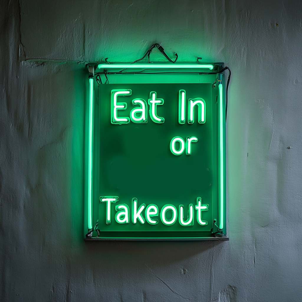 "Eat In or Takeout" - Green Neon Sign, 24 Inches