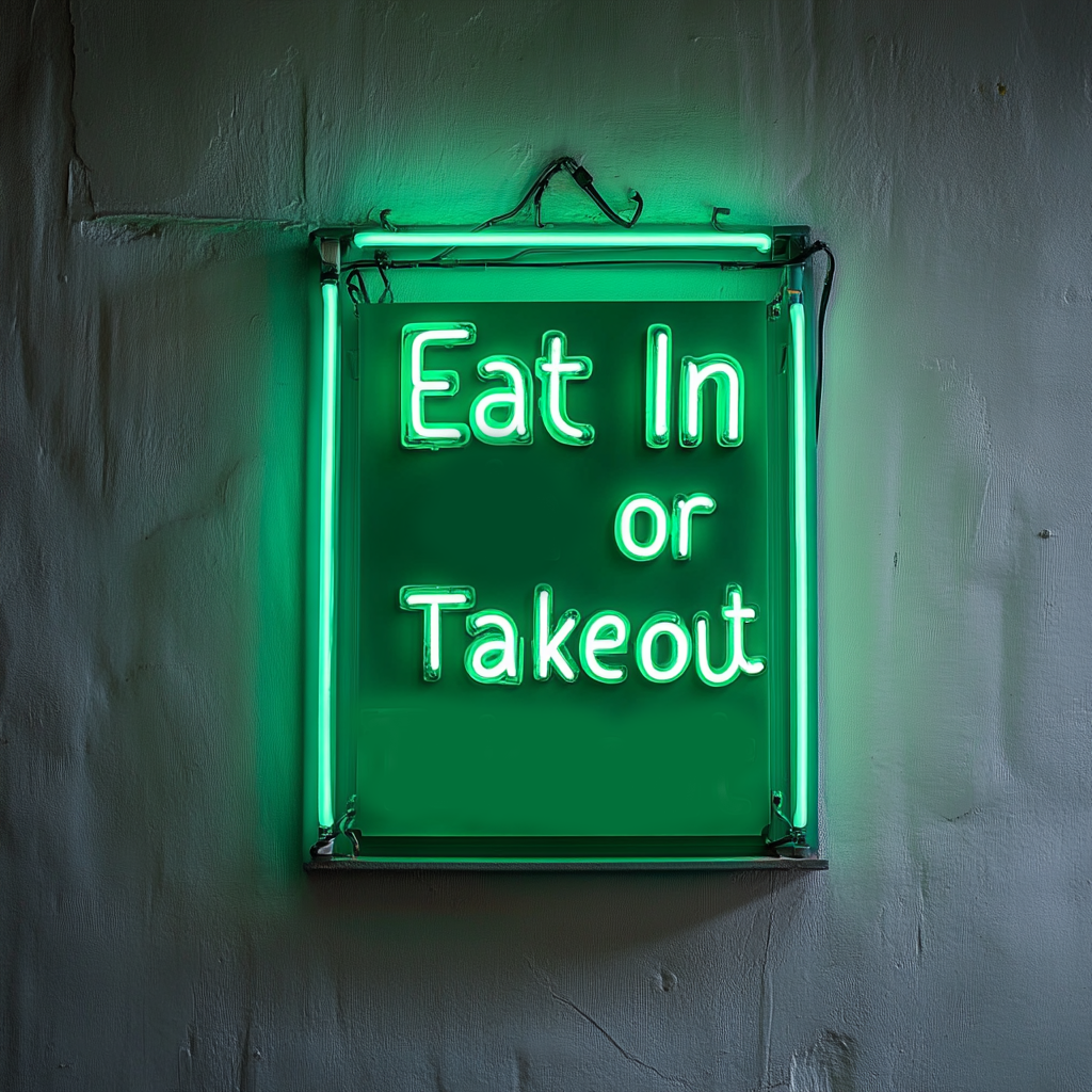 "Eat In or Takeout" - Green Neon Sign, 24 Inches