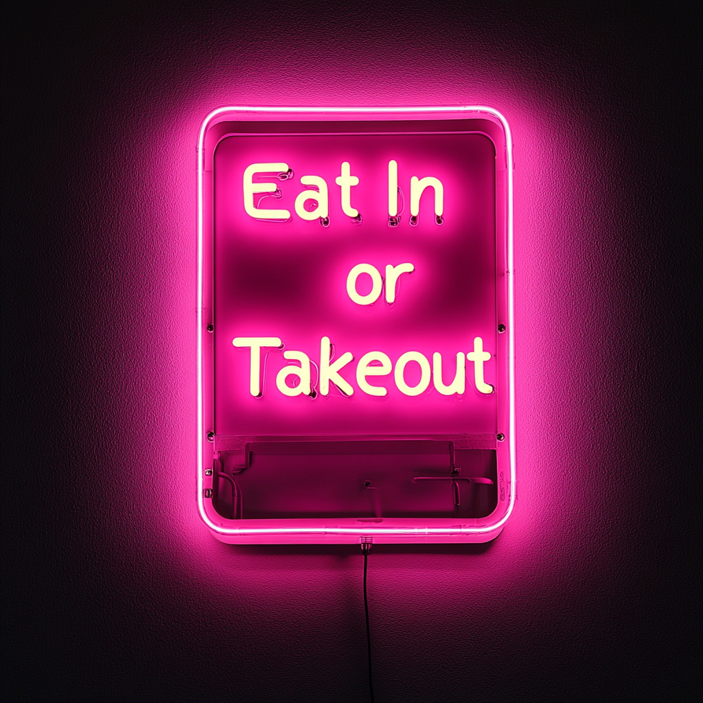 "Eat In or Takeout" - Pink Neon Sign, 24 Inches