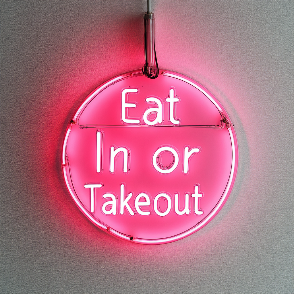 "Eat In or Takeout" - Pink Neon Sign, 24 Inches