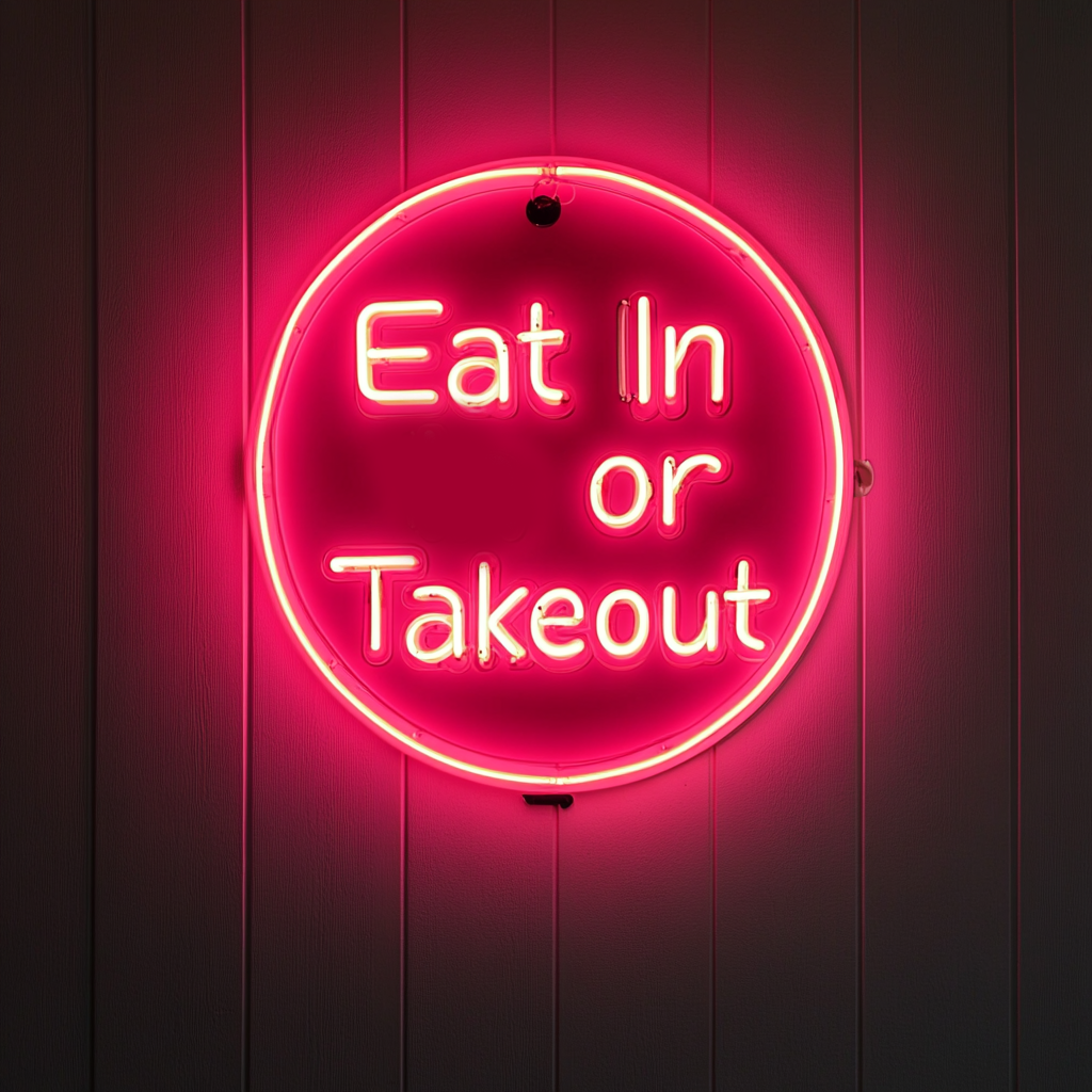 "Eat In or Takeout" - Pink Neon Sign, 24 Inches