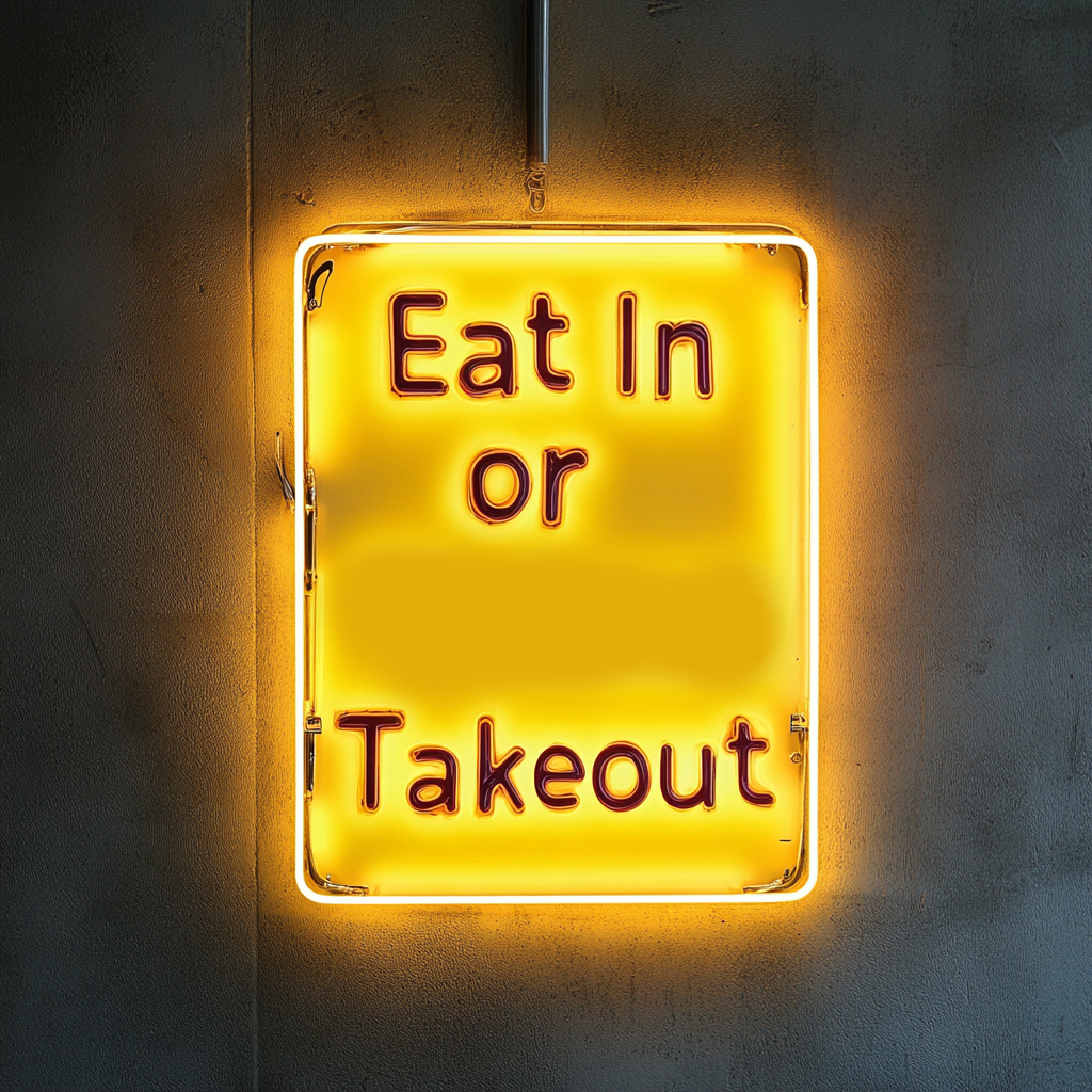 "Eat In or Takeout" - Yellow Neon Sign, 24 Inches