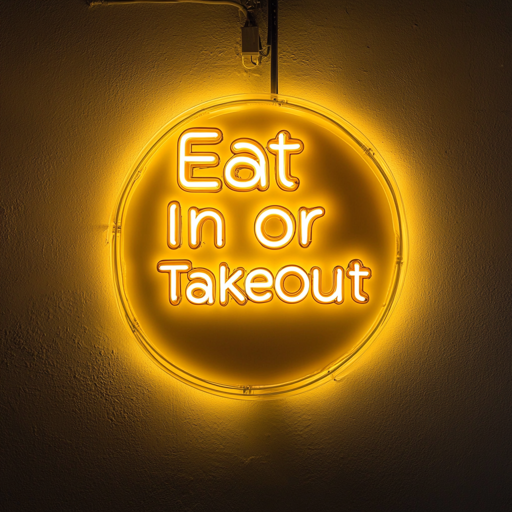 "Eat In or Takeout" - Yellow Neon Sign, 24 Inches
