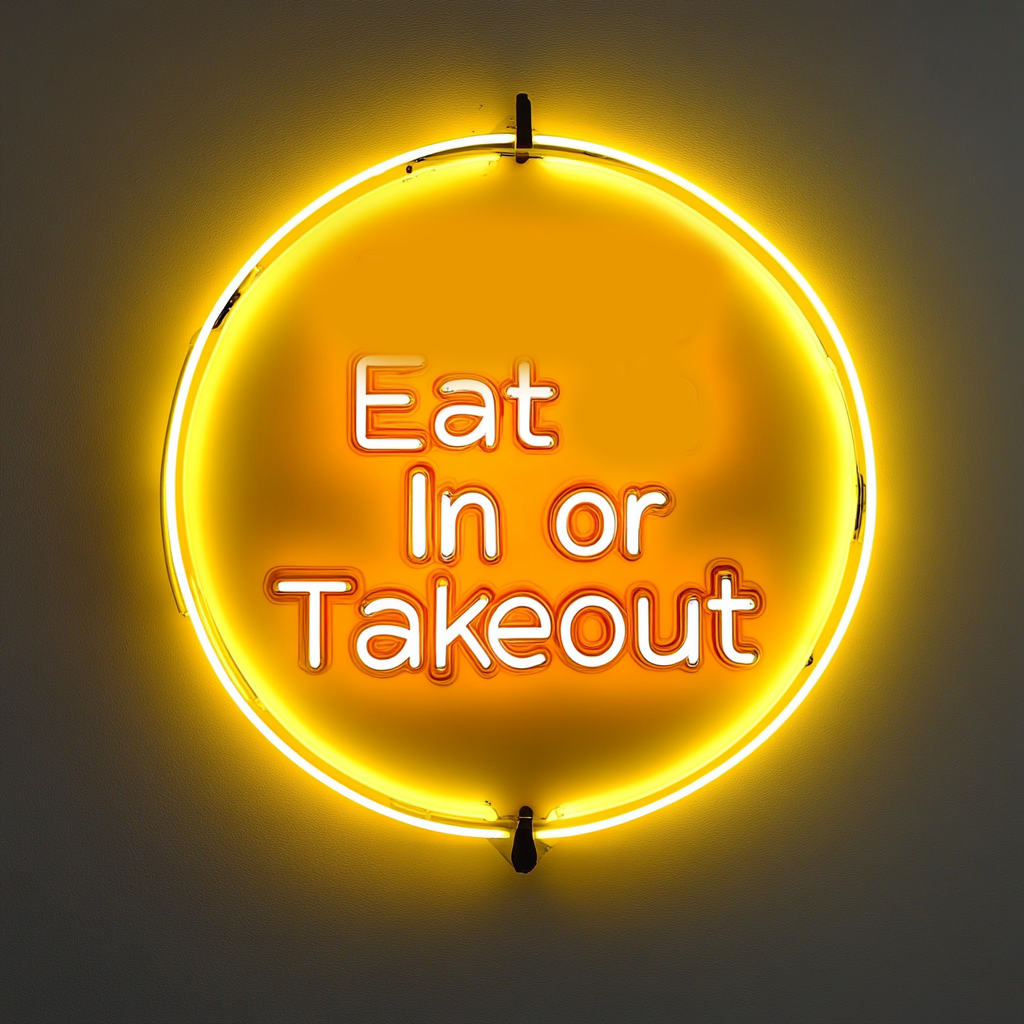 "Eat In or Takeout" - Yellow Neon Sign, 24 Inches