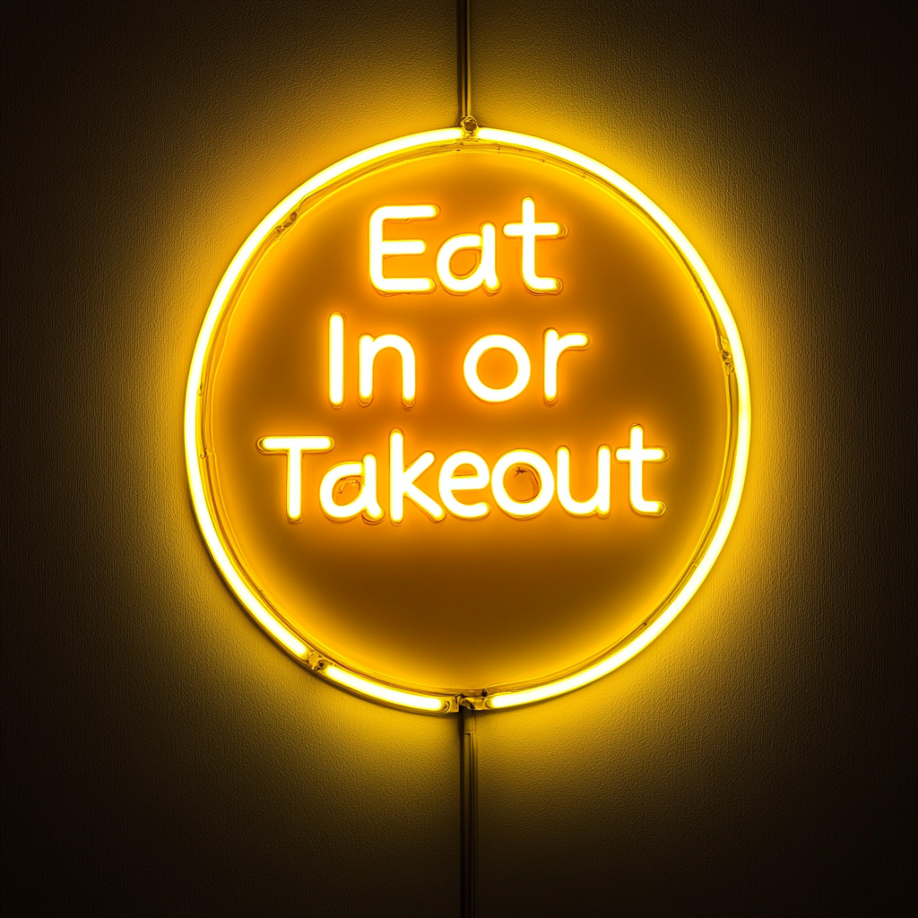 "Eat In or Takeout" - Yellow Neon Sign, 24 Inches