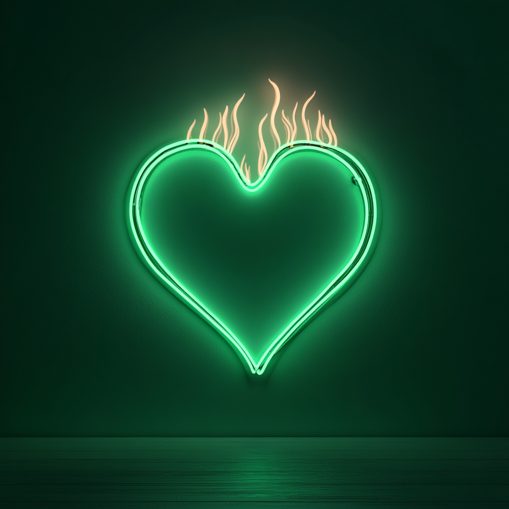Flaming Heart - Green Neon Sign, 18 Inches