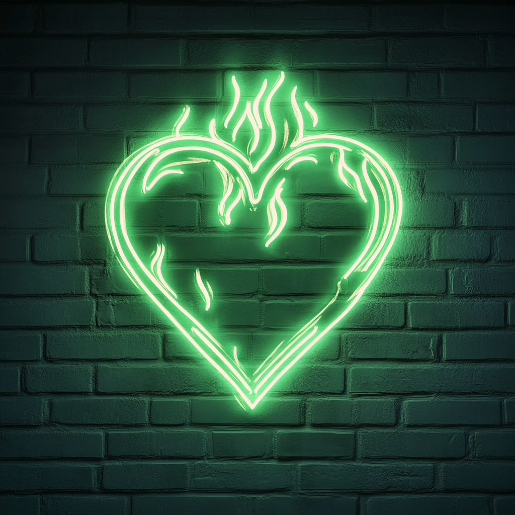 Flaming Heart - Green Neon Sign, 24 Inches