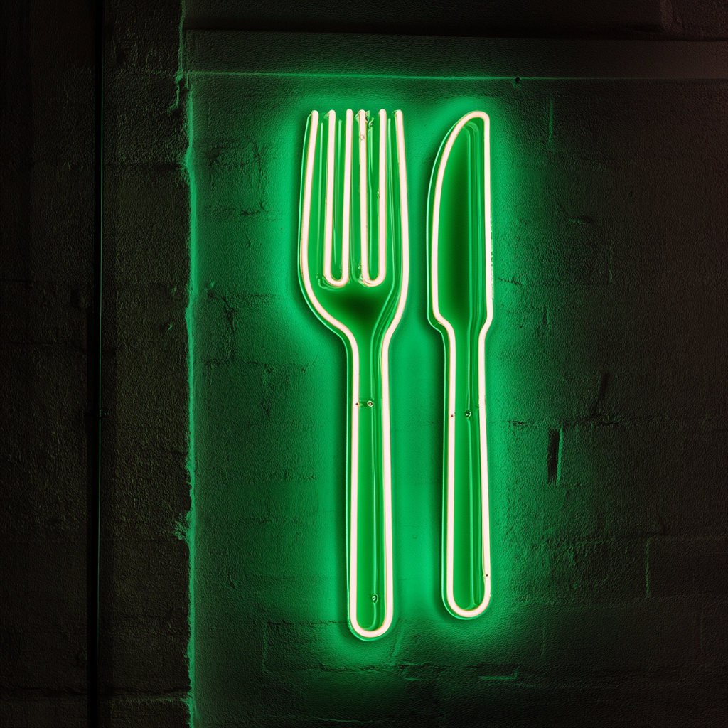 Fork and Knife - Green Neon Sign, 18 Inches