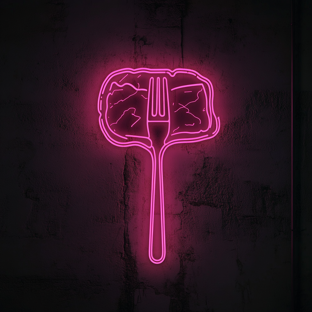 Fork Piercing Steak - Pink Neon Sign, 18 Inches