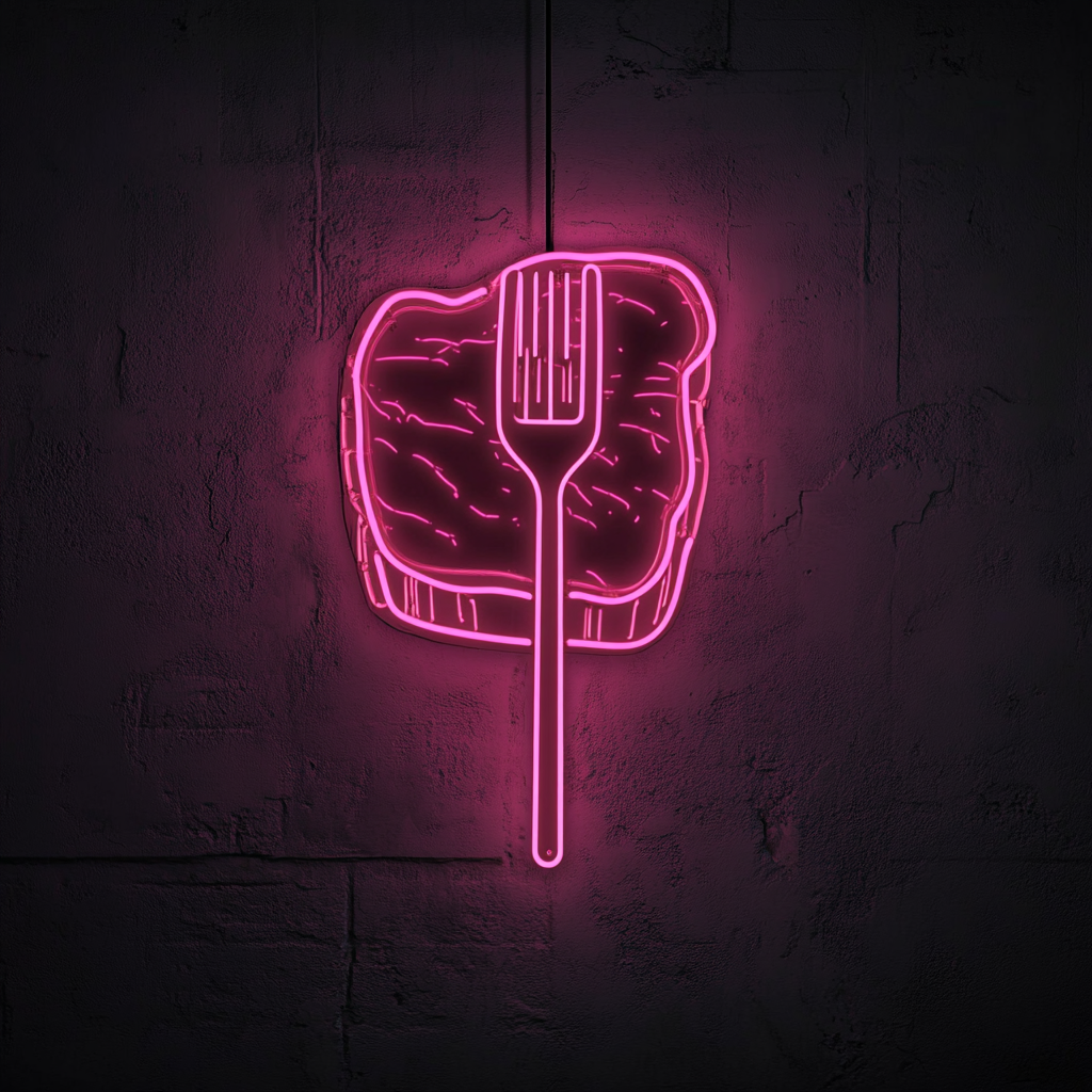 Fork Piercing Steak - Pink Neon Sign, 18 Inches