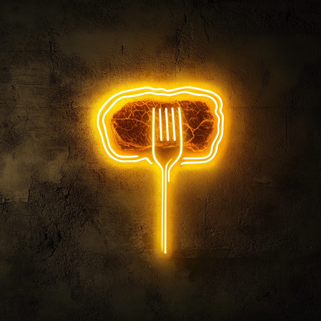 Fork Piercing Steak - Yellow Neon Sign, 24 Inches