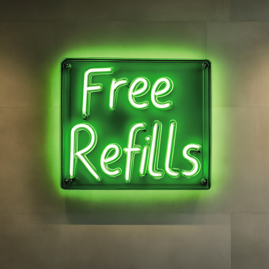 "Free Refills" - Green Neon Sign, 18 Inches