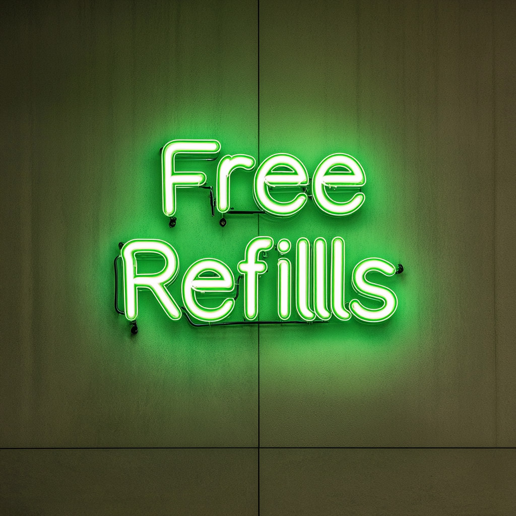 "Free Refills" - Green Neon Sign, 18 Inches