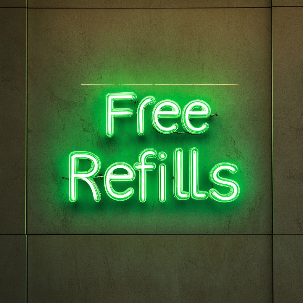 "Free Refills" - Green Neon Sign, 18 Inches