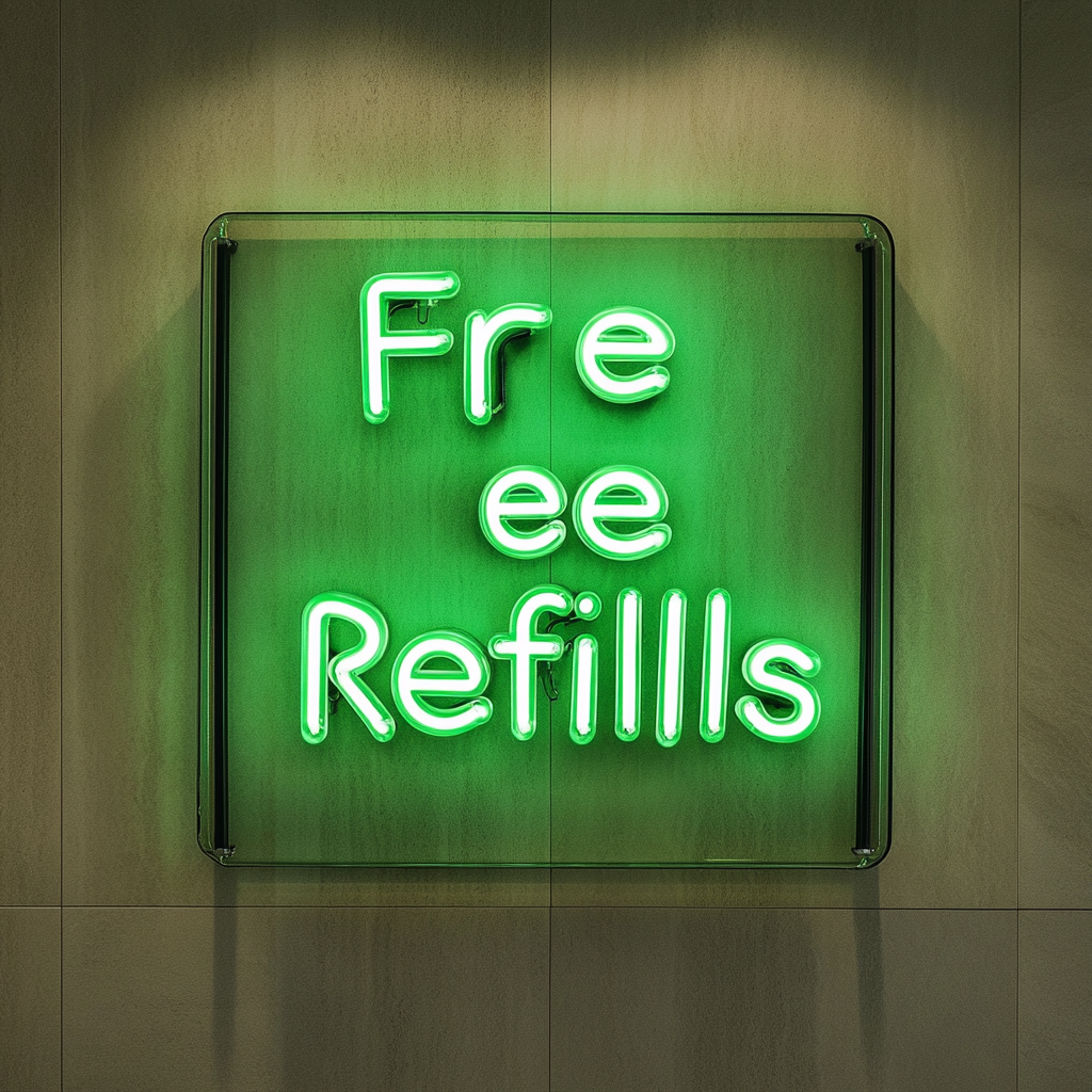 "Free Refills" - Green Neon Sign, 18 Inches