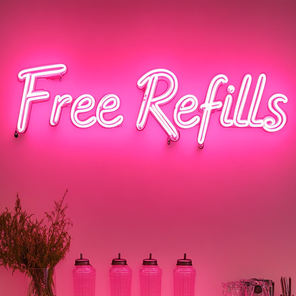 "Free Refills" - Pink Neon Sign, 18 Inches