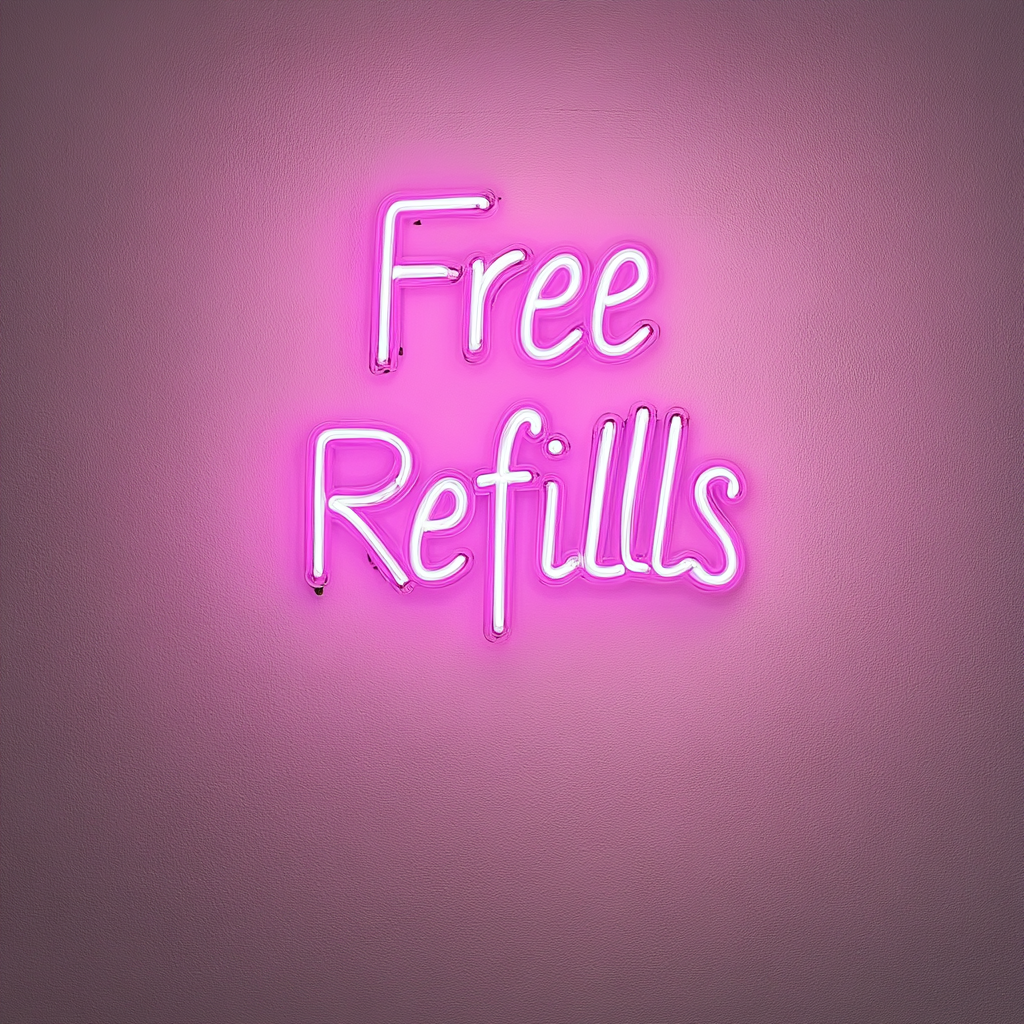 "Free Refills" - Pink Neon Sign, 18 Inches