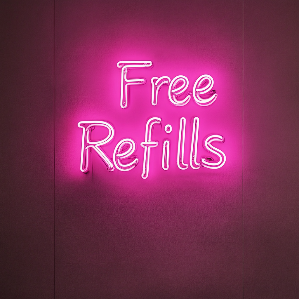 "Free Refills" - Pink Neon Sign, 18 Inches