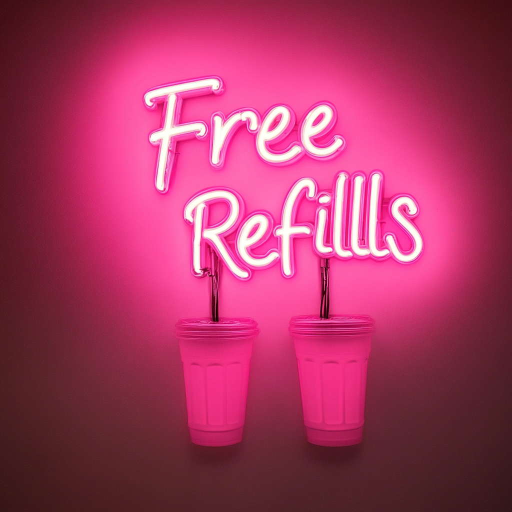 "Free Refills" - Pink Neon Sign, 18 Inches