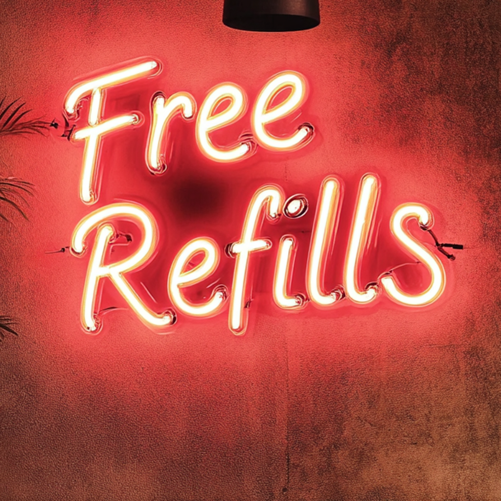 "Free Refills" - Red Neon Sign, 18 Inches