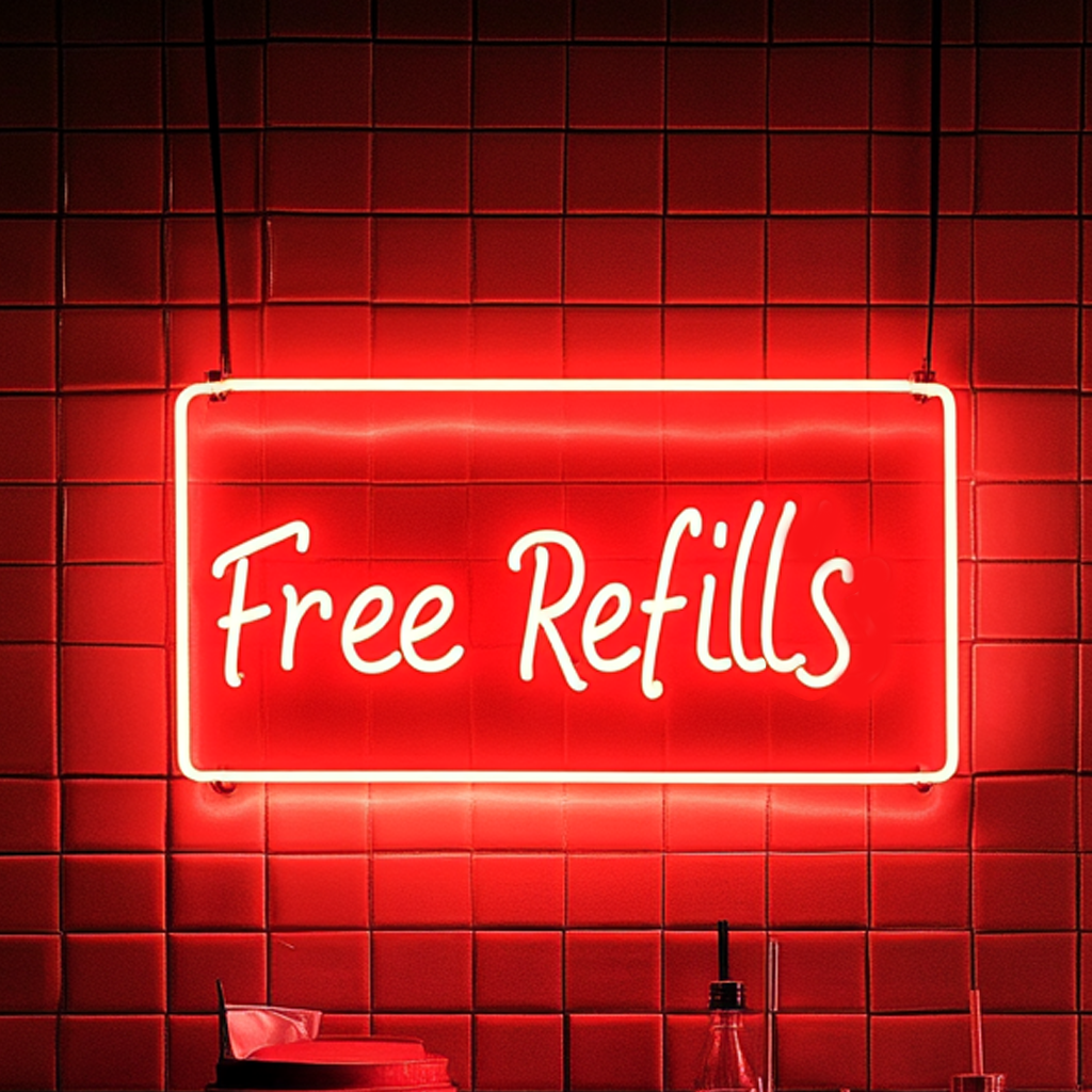 "Free Refills" - Red Neon Sign, 18 Inches