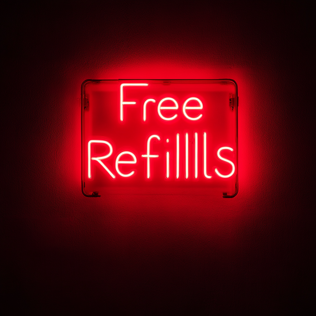 "Free Refills" - Red Neon Sign, 18 Inches