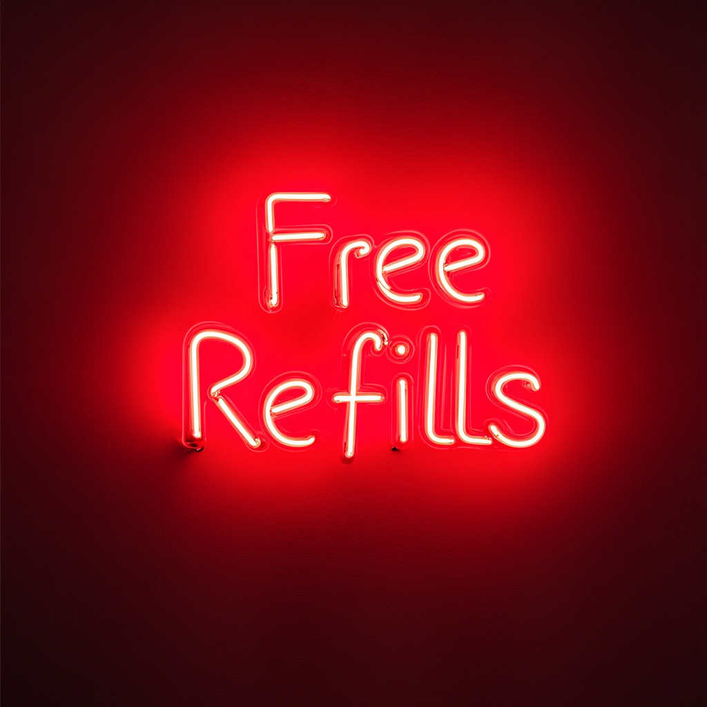 "Free Refills" - Red Neon Sign, 18 Inches