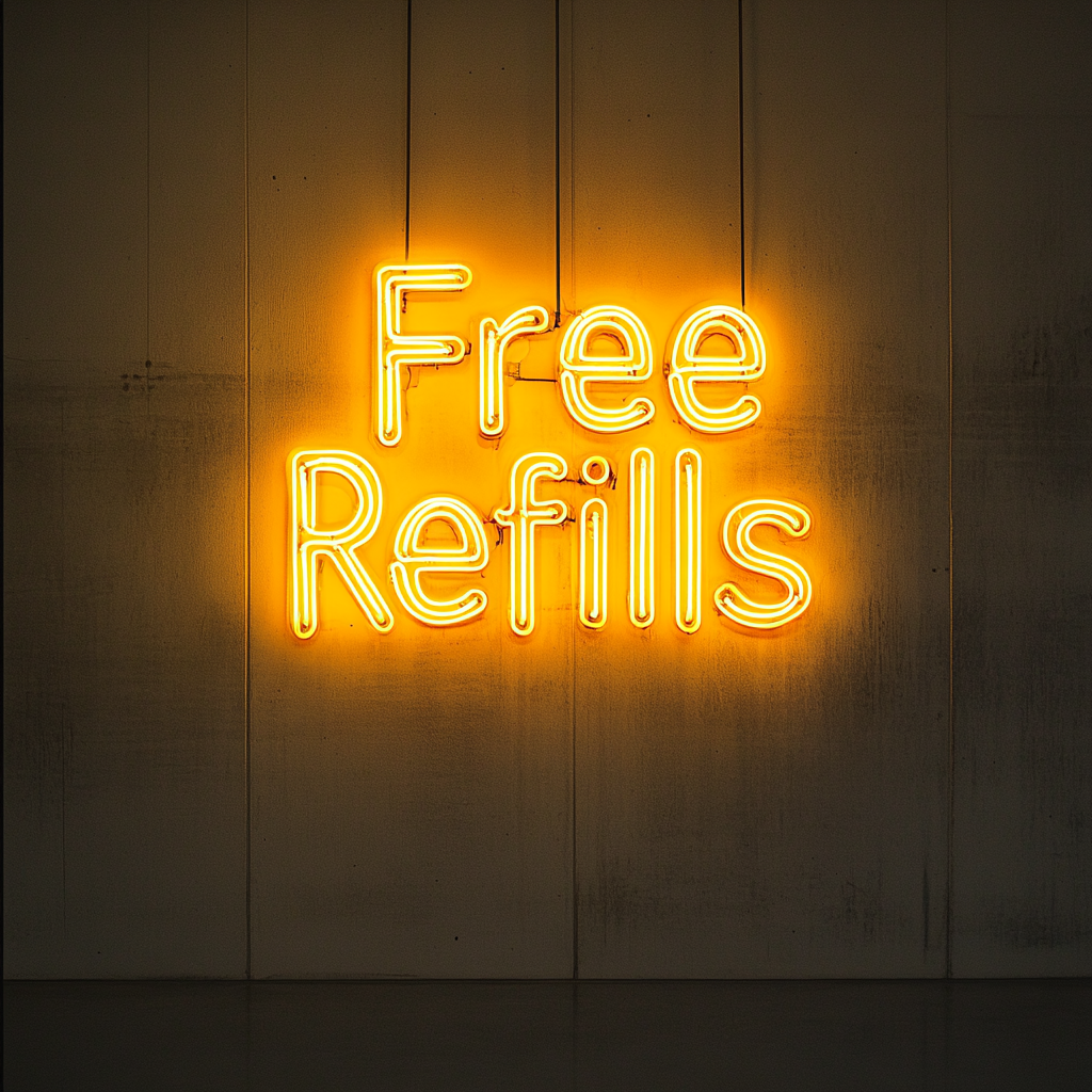 "Free Refills" - Yellow Neon Sign, 18 Inches