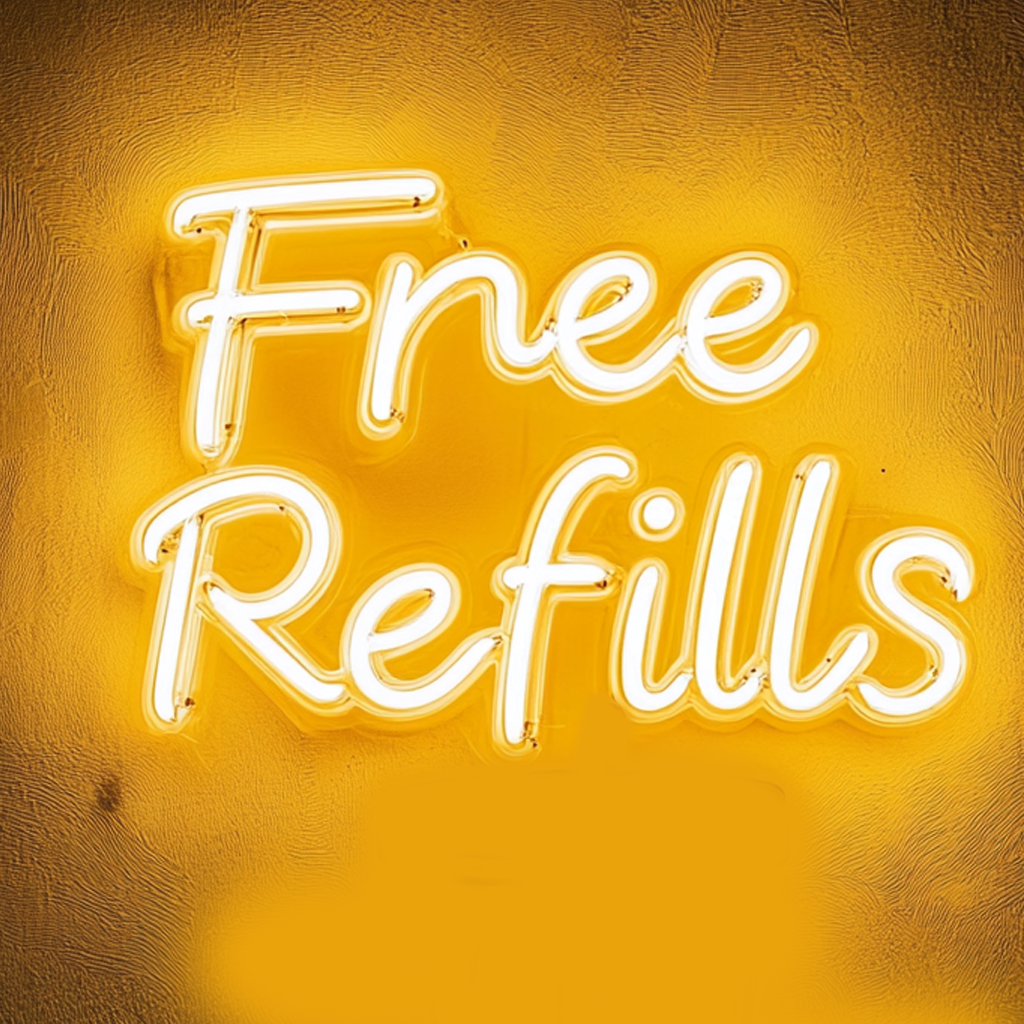 "Free Refills" - Yellow Neon Sign, 18 Inches