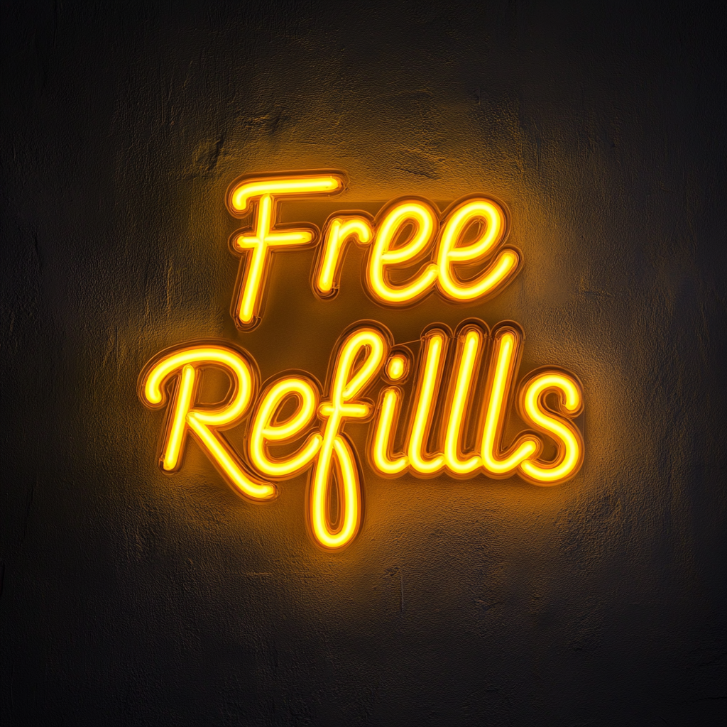 "Free Refills" - Yellow Neon Sign, 18 Inches