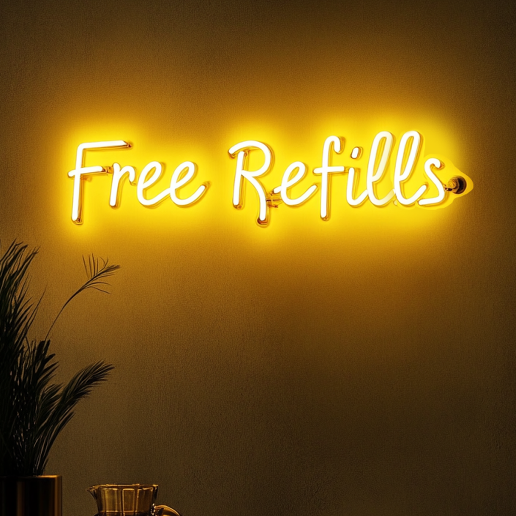 "Free Refills" - Yellow Neon Sign, 18 Inches