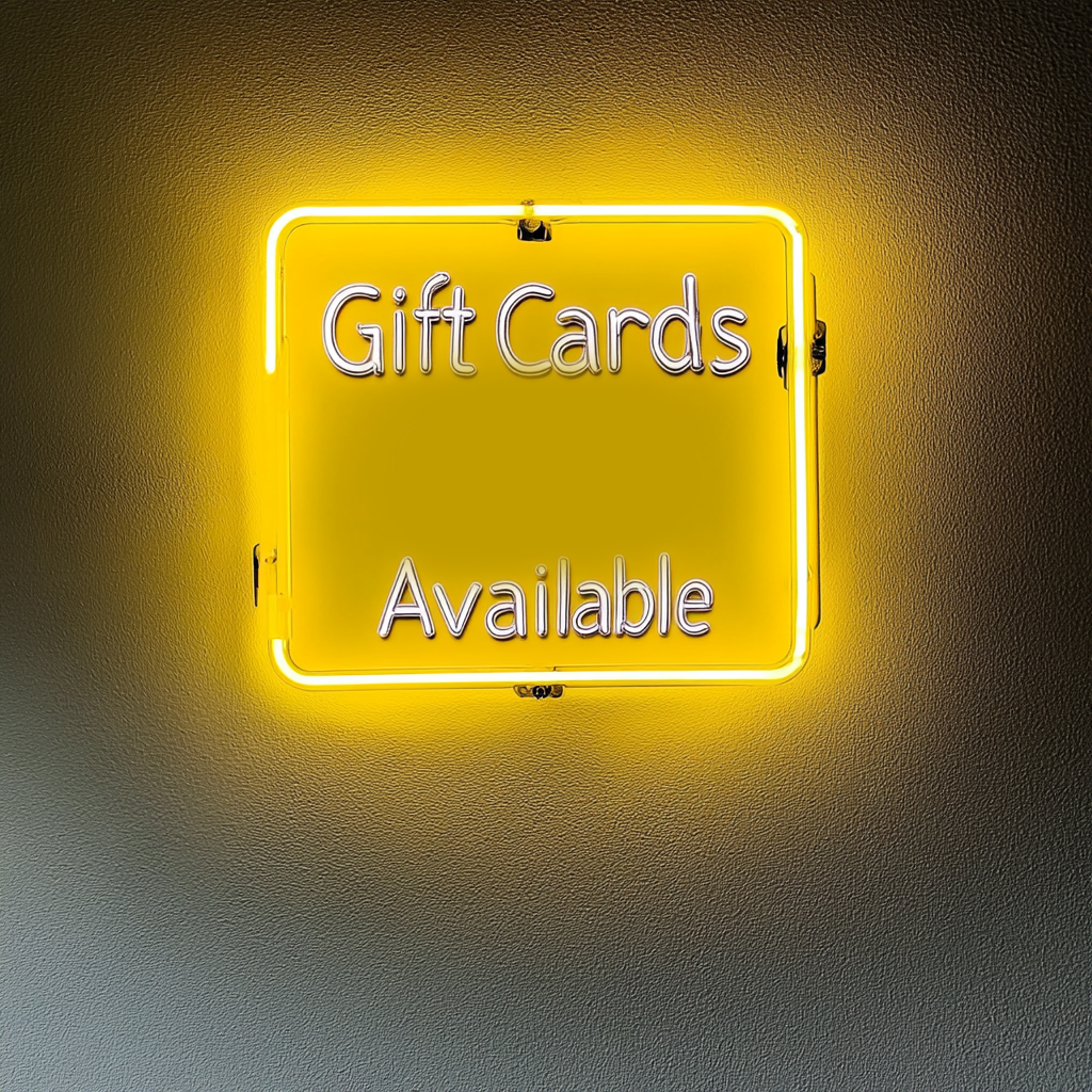 "Gift Cards Available" - Yellow Neon Sign, 24 Inches