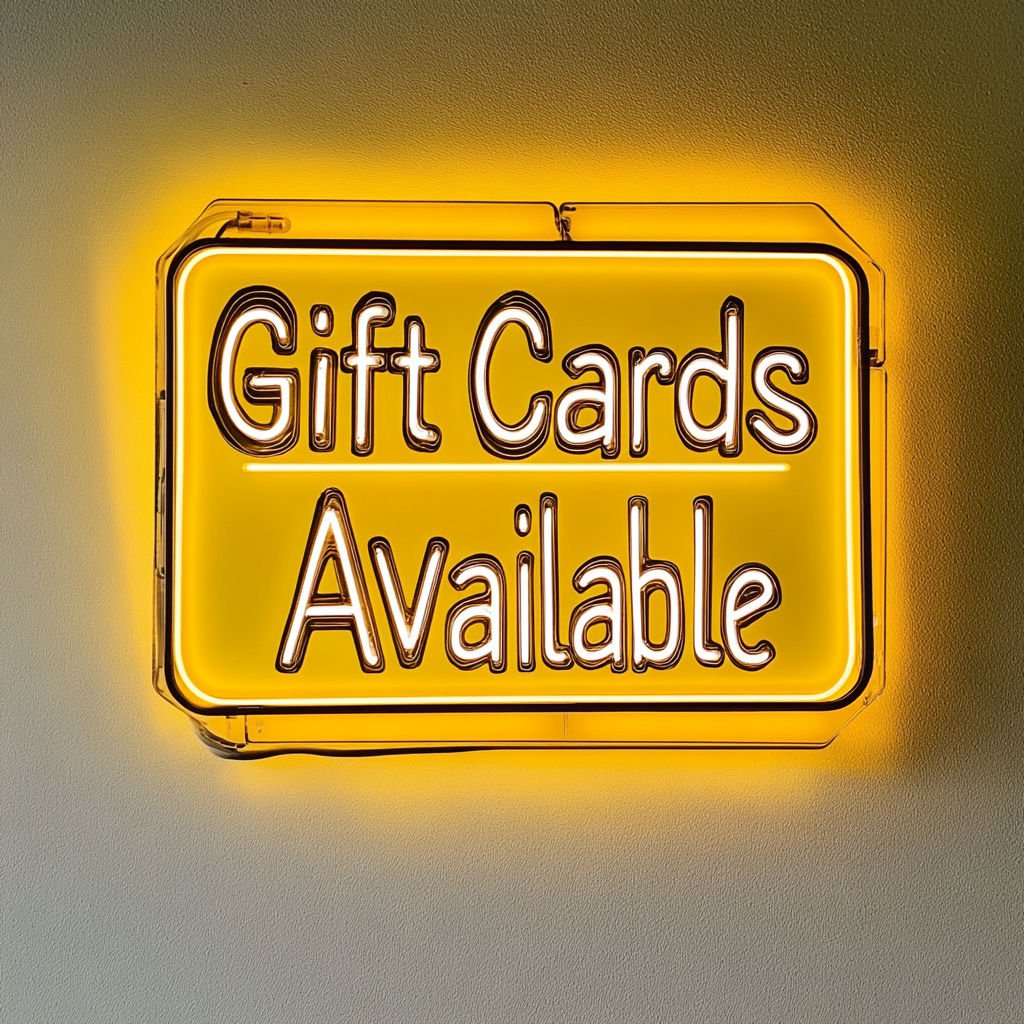 "Gift Cards Available" - Yellow Neon Sign, 24 Inches